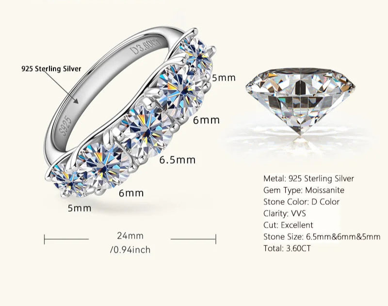 Lux- Anello da donna in argento sterling 925 con 5 moissanite