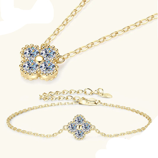 FIORE-Collana e bracciale con ciondolo a fiore di quadrifoglio in moissanite
