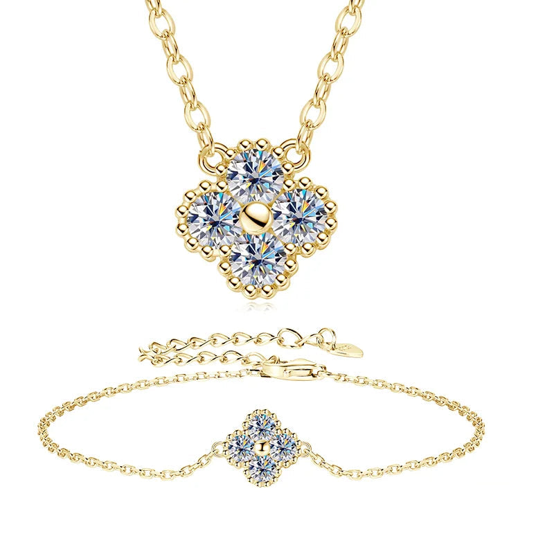 FIORE-Collana e bracciale con ciondolo a fiore di quadrifoglio in moissanite